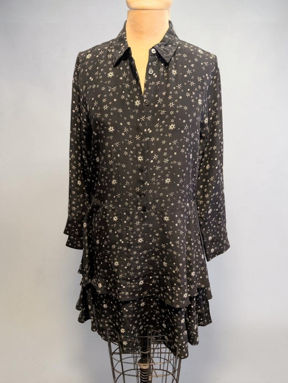 EQUIPMENT 100% Silk Celestial Print Mini Shirt Dress Tunic w. Ruffle  Skirt S/P - Picture 2 of 7
